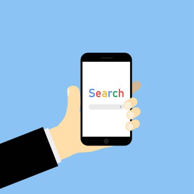Telefon Internet arama tarayıcı ile mavi arka plan üzerinde tutan el.