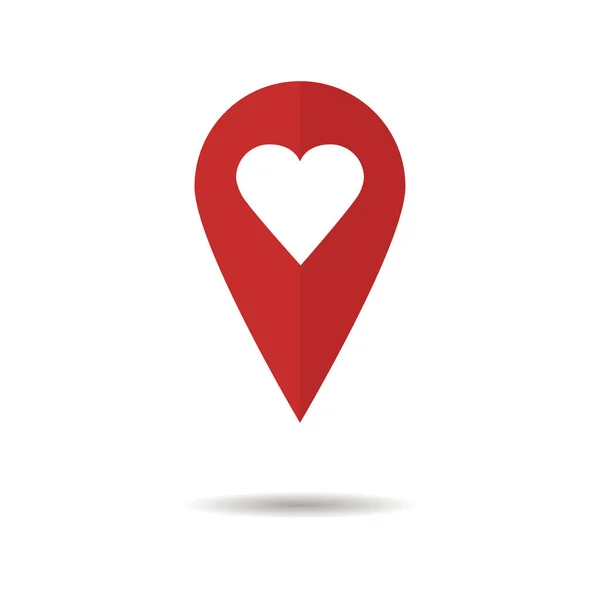 Puntero rojo con corazón en el interior signo de ubicación lugar ubicación con sombra . — Vector de stock