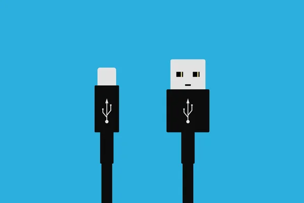 USB- en micro Usb kabels op blauwe achtergrond eenvoudige technologie. — Stockvector
