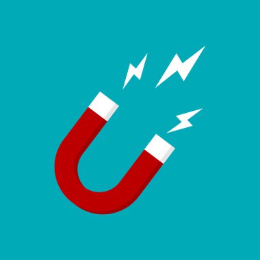 Horseshoe red magnet with white lightnings sign of power. Magnetism, magnetize concept. clipart