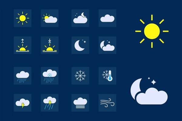 Set of modern weather icons on blue background. Interface of application. Mobile weather. — Stock Vector