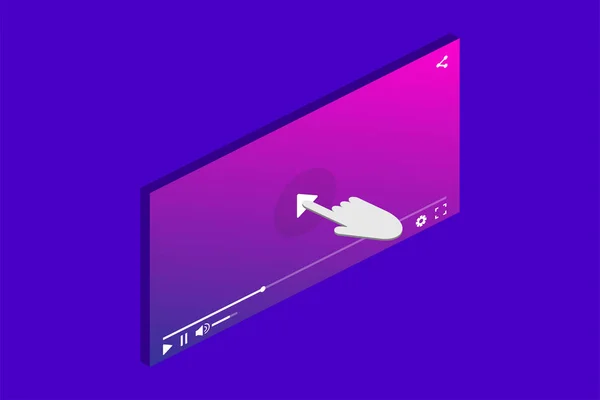 Video player with pointer in isometric design on blue background. Media application.