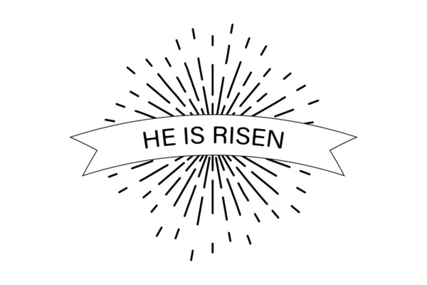 Él ha resucitado cartel de la celebración de Pascua con la fe mundial sunburst . — Vector de stock