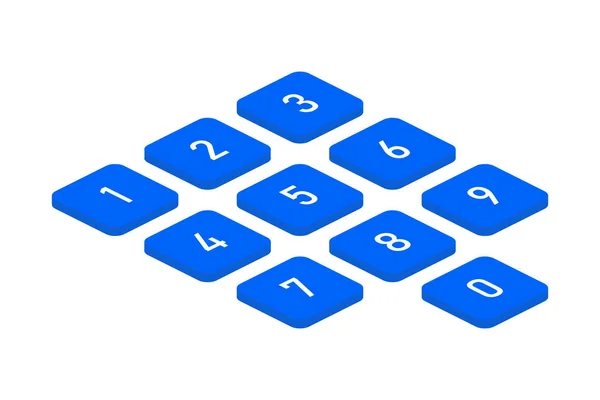 Isometrische blauwe mobiele knoppen met getallen op witte achtergrond toetsenbord. — Stockvector