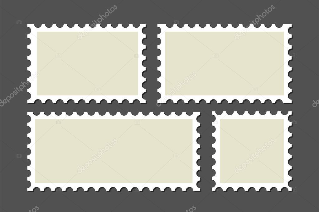 Set of blank postege stamps isolated on grey background. Mail stamps in different sizes in flat style.