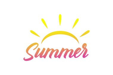 Vektör yaz renkli simgesi güneş ve güneş patlaması sıcak sezon işareti yazı ile.