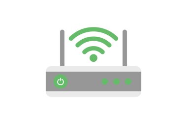 Wifi bağlantısıyönlendirici illüstrasyon işareti. Beyaz arka planda izole edilmiş dalgalara sahip Internet ağ modemi.