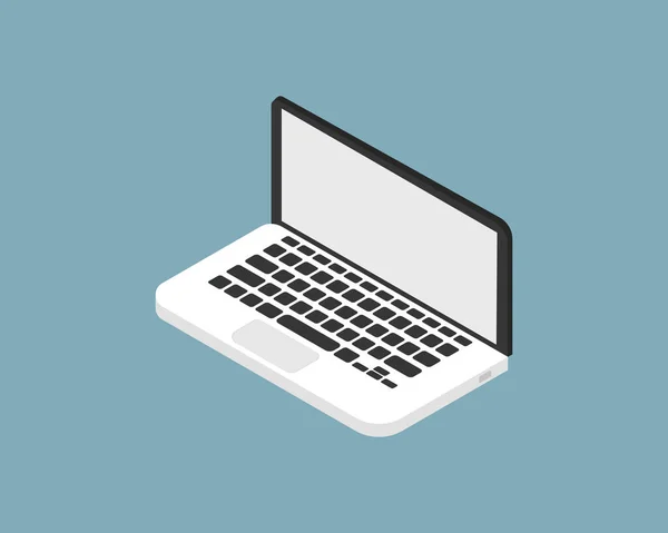 Laptop im trendigen isometrischen flachen Stil. Büroarbeit mit Computer auf blauem Hintergrund. — Stockvektor