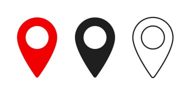 İşaretçiler kümesi haritaüzerinde birkaç tür pinler. Beyaz arka planda yalıtılmış konum işaretçisi veya gps öğesi.