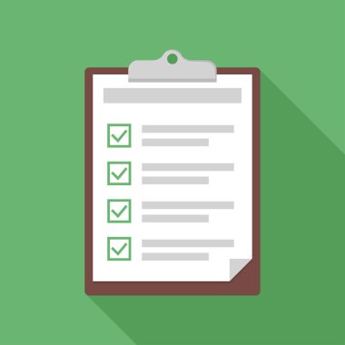Kontrol listesi olan pano. Onay kutuları ile sınav veya test formu. Gölgeli yeşil arka plan.