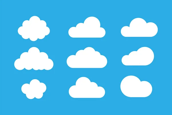 Mavi arka planda izole edilmiş bulut kümesi. Hava işaretleri. Beyaz kağıt çıkartmaları. Bulutların toplanması simgesi. — Stok Vektör