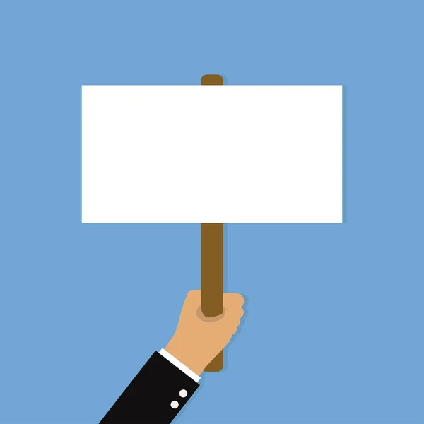 Hand holding placard. Illustration protest with empty banner or board on blue background. — Stock Vector