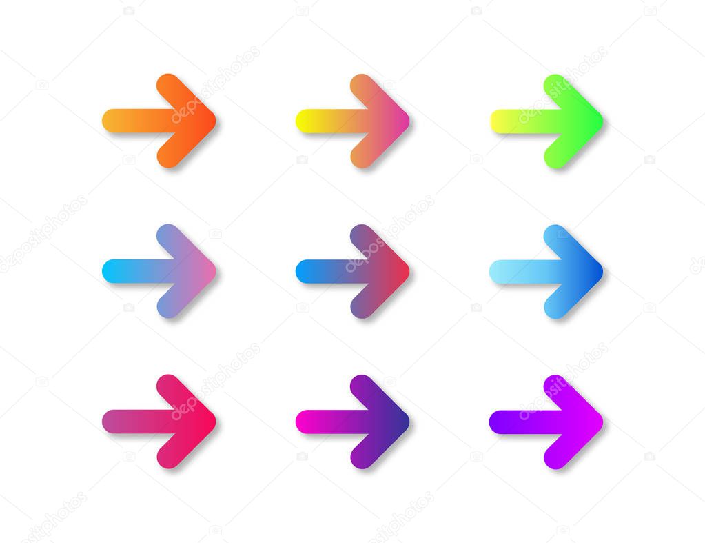 Gradient arrow button. Colored sign of navigation. Isolated arrows with shadows. Elements for web or application.