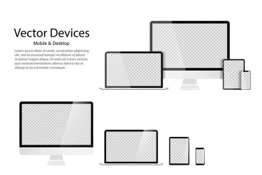 Divices Monitör dizüstü tablet ve telefon yüksek ayrıntılı gerçekçi kümesi. Saydam sahte ekranlar. Web veya uygulama için duyarlı tasarım şablonu.