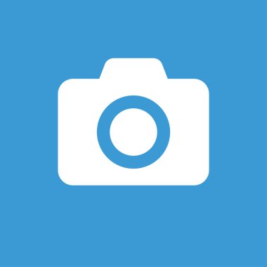 Mavi arka planda kamera simgesi beyaz renk. Resim düz izole sembolü. Zoom retro nesne.