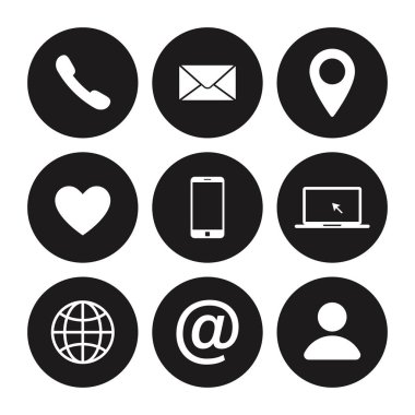 Bize ulaşın simgesi ayarlayın. Web iletişim simgeleri yalıtılmış. Posta telefonu konumu web sitesi hesabı internet simgesi.