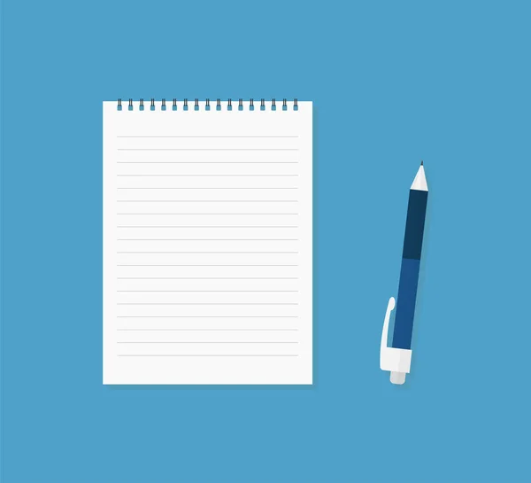 Caderno e caneta sobre fundo azul. Um papel vazio. Espaço de trabalho Businnes. Conceito de educação . —  Vetores de Stock