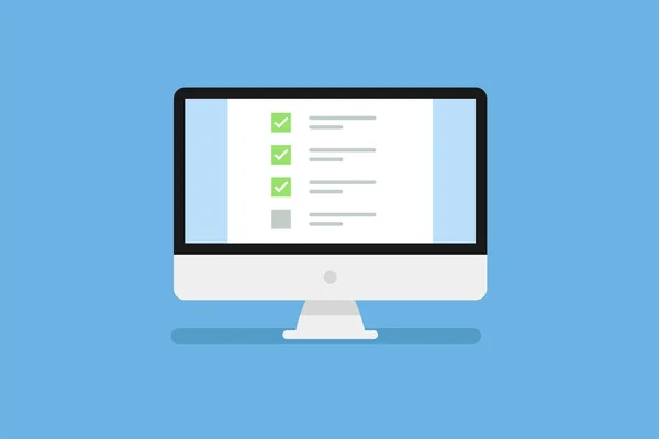 Personlig datorskärm med checklista i trendig platt stil isolerad på blå bakgrund med skugga. — Stock vektor