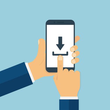 Ekranda indirme işareti ile akıllı telefon tutan adam elleri. Trendy düz tarzda parmak dokunmalı akıllı telefon ekranı.