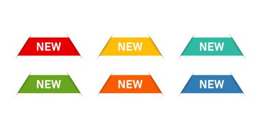 Renkli afiş veya metin ile şerit. Yeni banner etiketleri yalıtılmış. Tasarım etiket işaretleri. Satış veya spesial teklif. İndirim afişi.