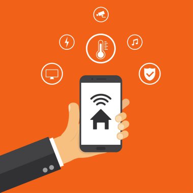 Hadnd akıllı ev güvenlik kontrol uygulaması ile akıllı telefon tutarak. Trendy düz tasarımev güvenlik konsepti illüstrasyon.