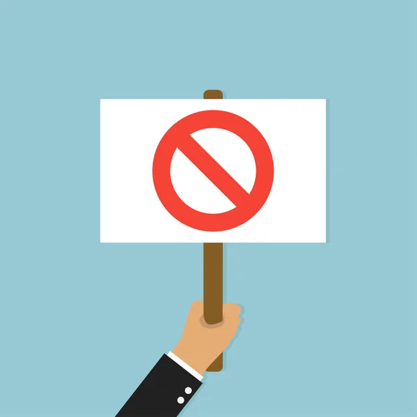 Hand houden Placard. Illustratie protest met geen teken banner of bord op blauwe achtergrond. Sociale negatieve emotie. — Stockvector