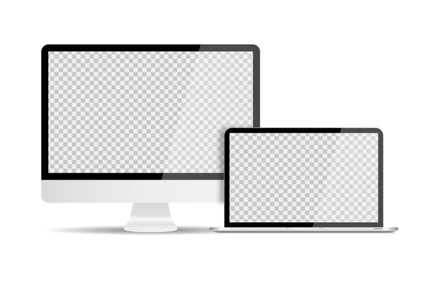 Персональный компьютер с ноутбуком в модном реалистичном дизайне с тенями. Установите устройства. Прозрачный экран макет изолирован . — стоковый вектор