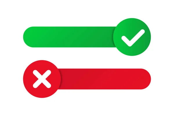 Zelený zatržení a červený kříž s pohyblivými místo. Symboly X a V pro web nebo aplikaci. — Stockový vektor