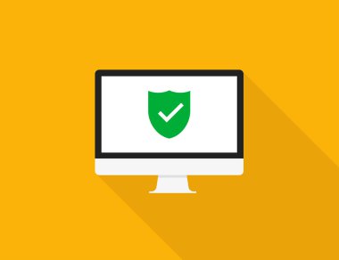 Yeşil kalkan kontrol işareti koruma sembolü ile turuncu arka planda izole trendy düz tarzda Kişisel Bilgisayar ekranı.