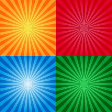 Vintage veya retro sunburst arka plan şablonları. Sunburst sarı kırmızı mavi ve kırmızı renkler. Seri tasarım.