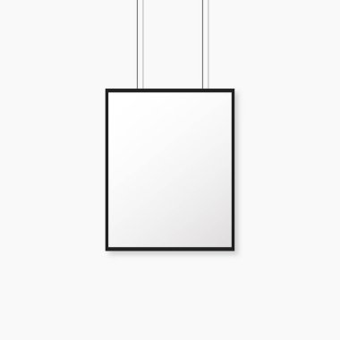 Modaya uygun gerçekçi tarzda gölge ile gri duvarda siyah çerçeve mockup ile Kağıt poster. İzole vektör kağıt afiş veya poster asılı.