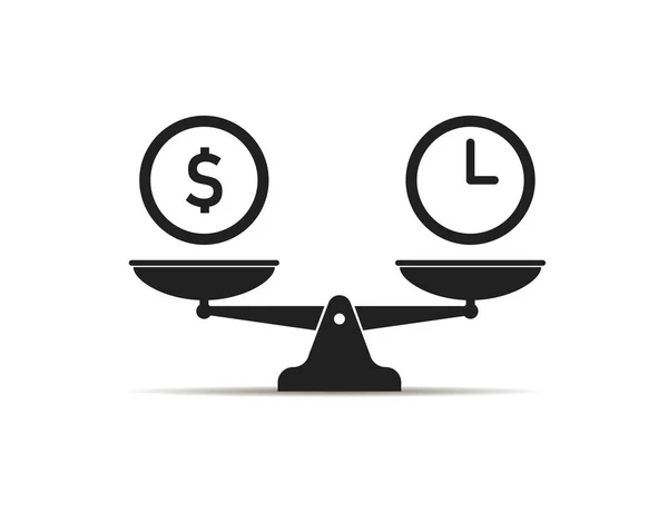 Schaal pictogram geld versus tijd saldo geïsoleerd pictogram. Value werk concept. Klok en dollartekens. — Stockvector