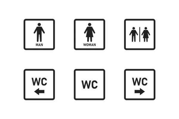 Ställ in WC-ikonen eller skyltar. Toalett isolerade ikoner. Toalett skylt pekare. — Stock vektor