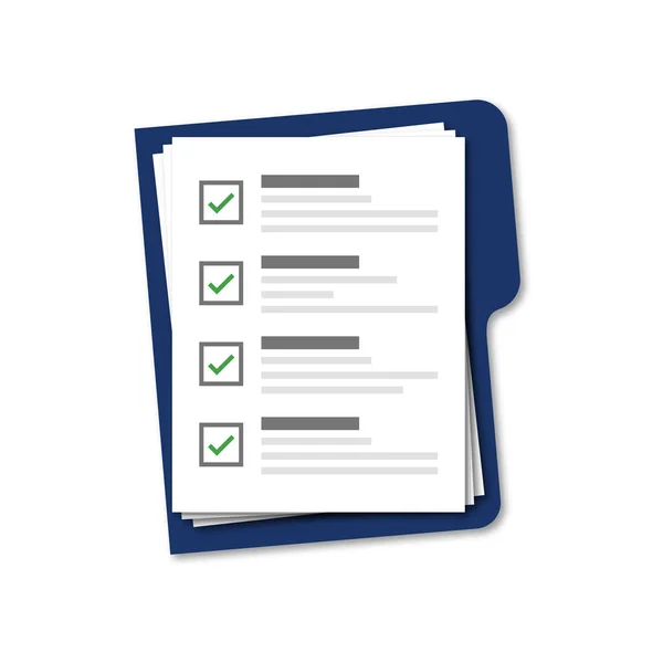 Dossier bleu avec checklist vecteur isolé sur fond blanc. Dossier vectoriel bleu avec document. Modèle d'évaluation vectorielle . — Image vectorielle