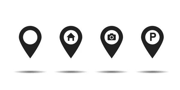Ensemble d'icônes pointeur maison caméra broches de stationnement pour la carte. Signe de navigation ou emplacement isolé sur fond blanc . — Image vectorielle