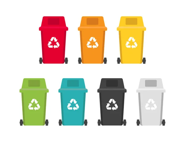 Vector de basura contenedores aislados de color con símbolos de reciclaje. Envases ecológicos para diferentes tipos de basura . — Vector de stock
