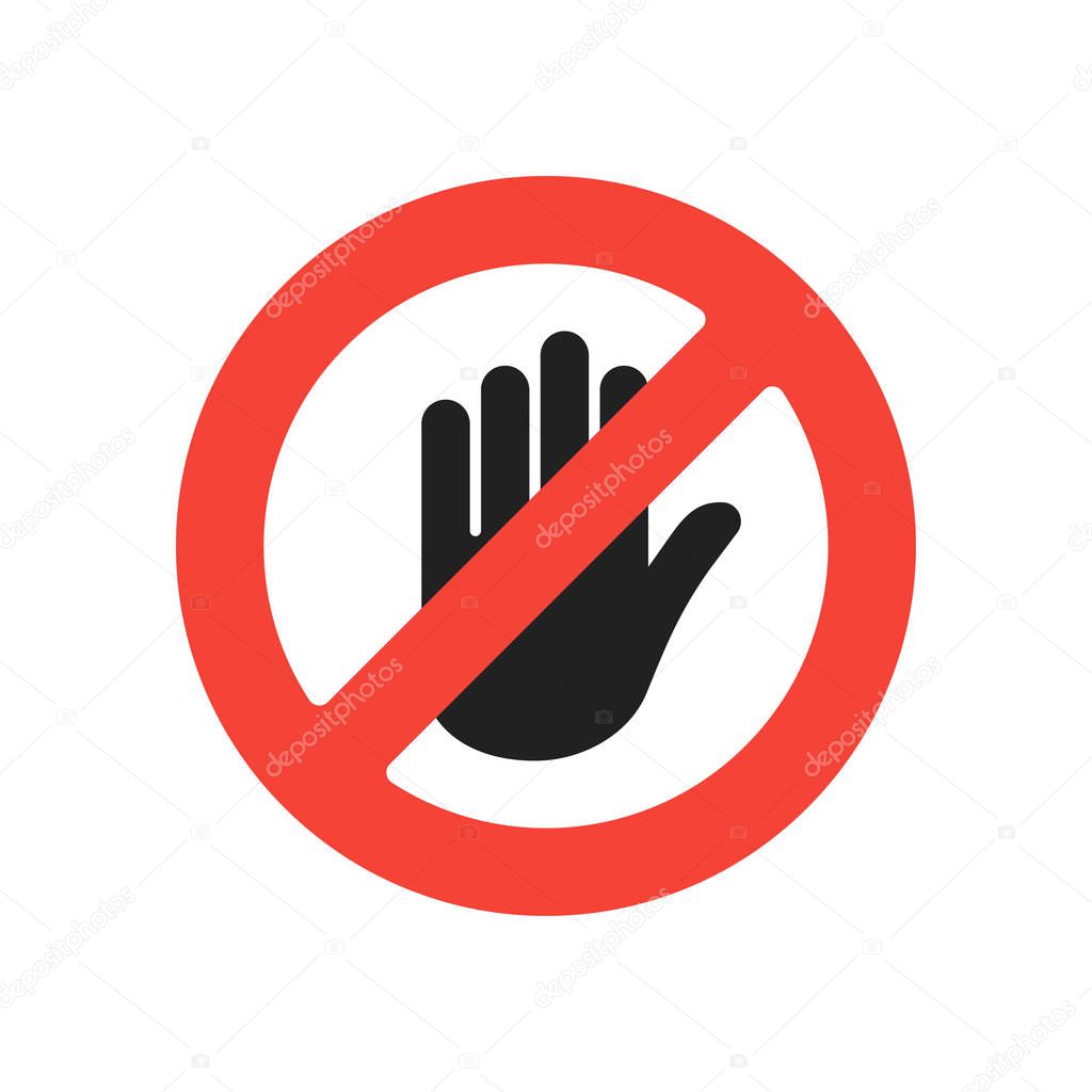 Hand with stop sign. Isolated element. Warning no touch symbol. Danger element.