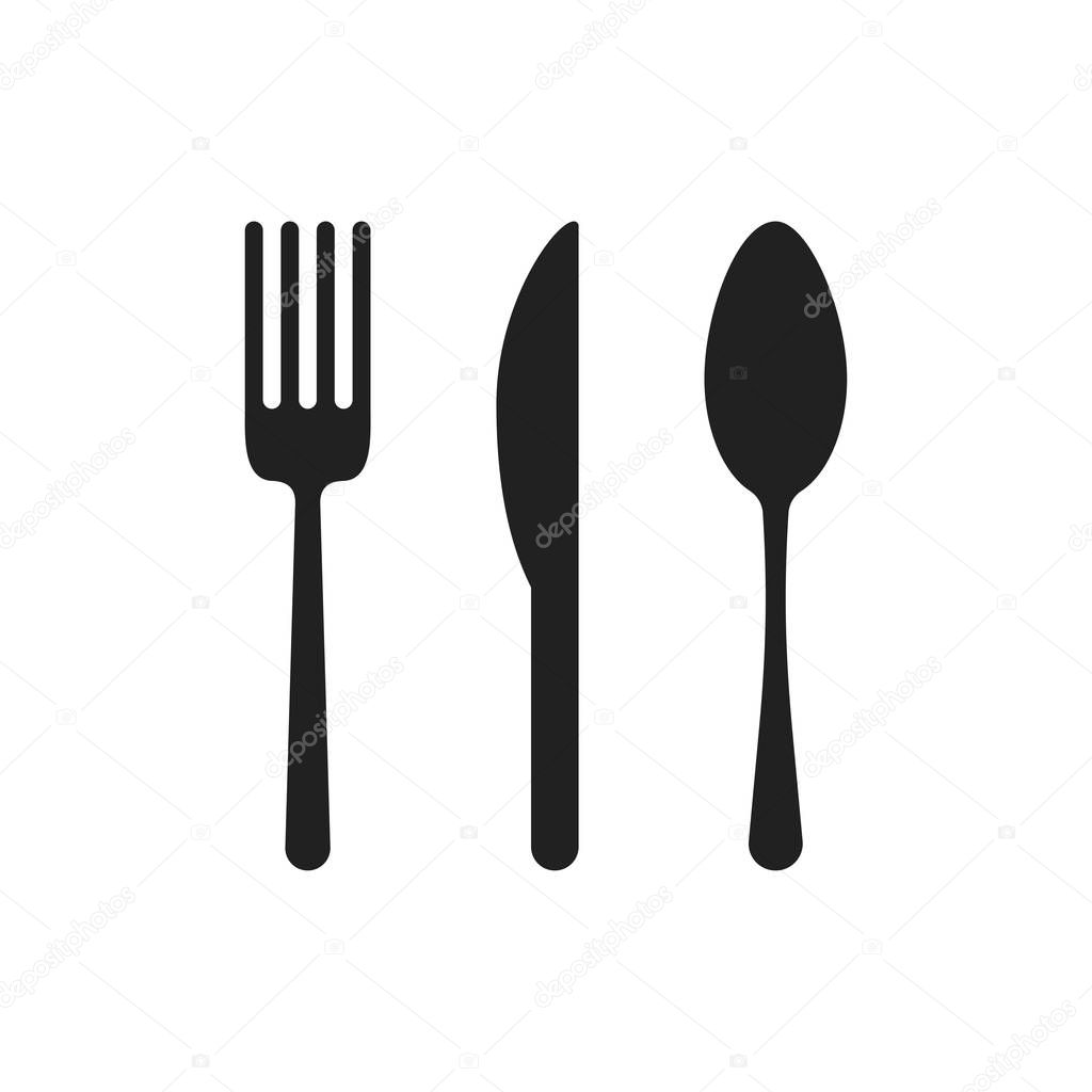 Knife fork and spoon vector icon isolated on white background. Vector service icon. Meal or dinner symbol.