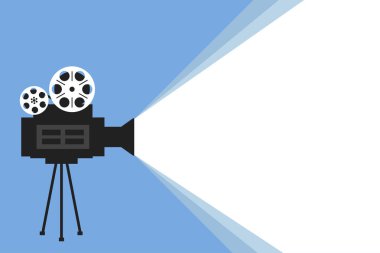 Retro sinema projektörü vektör film afiş şablonu. mavi arka plan üzerinde retro film projektörü.