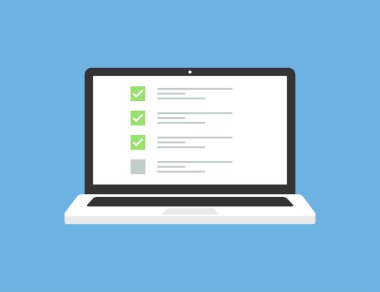 Ekranda kontrol listesi ile trendy düz tarzda Dizüstü bilgisayar. Sınav formu. Anket formu test kontrol listesi anket konsepti. Denetim listesi ekranda olan dizüstü bilgisayar.