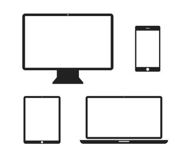 Beyaz arka planda siyah aygıtlar simgesi. Telefon sosyal ağ kavramı. Dizüstü bilgisayar tasarımı. Düz tasarım, vektör. Dizüstü bilgisayar, tablet bilgisayar akıllı telefon cihazı. İş web sitesi konsepti. Dijital vektör illustra