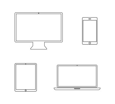 Beyaz arka planda yalıtılmış aygıtlar doğrusal simge. Telefon sosyal ağ kavramı. Düz tasarım, vektör. Dizüstü bilgisayar, tablet bilgisayar akıllı telefon cihazı. İş web sitesi konsepti. Dijital vektör illüstrasyonu.