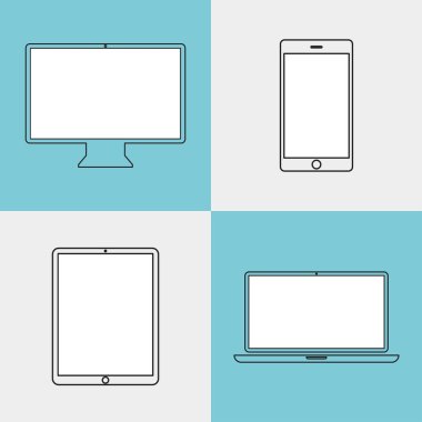 Beyaz arka planda yalıtılmış aygıtlar doğrusal simge. Telefon sosyal ağ kavramı. Düz tasarım, vektör. Dizüstü bilgisayar, tablet bilgisayar akıllı telefon cihazı. İş web sitesi konsepti. Dijital vektör illüstrasyonu.