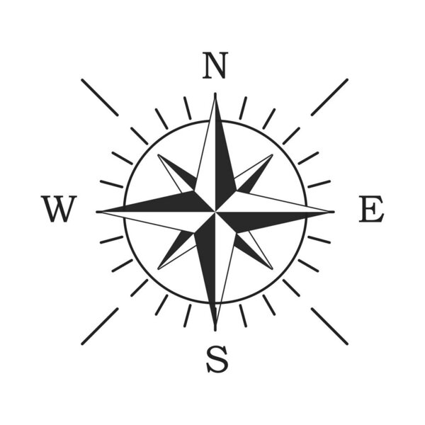 Значок компаса. Символ местоположения. Индикатор запада северо-востока. Навигационный элемент
.