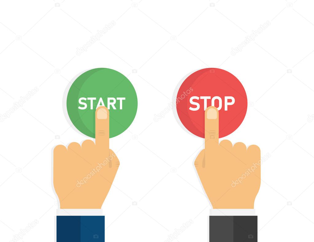 Hand with finger press start stop green and red button. Click icon vector. Press button icon vector. Electric power icon.