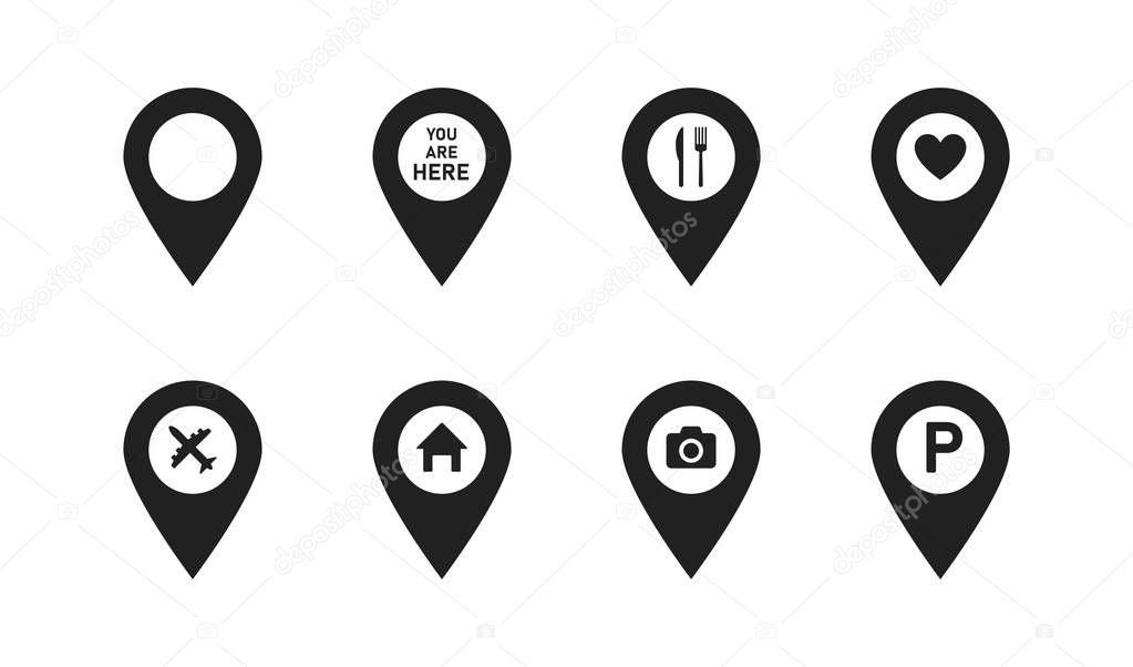 Set pointers parking food heart camera house airplane great design for any purposes. Location icon map pin pointer. Navigation pointer sign.