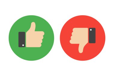 Set of thumb up and down on green and red background. Isolated vector signs in trandy fkat style. clipart