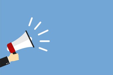 Mavi arka planda el ele tutuşan megafon ikonu. Sosyal medya pazarlaması. Bilgi konsepti. Hoparlör vektör simgesi.