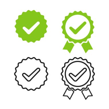 Pankart tasarımı için işaret madalyası. İzole vektör çizimi. Yeşil işaret simgesi. Sertifikalı ürün. Onaylı rozetli madalya ikonu..