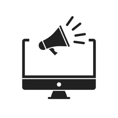 Hoparlörlü bilgisayar vektör ikonunu izole etti. Vektör çizimi düz tasarım. Grafiksel dijital ses. Düz grafik tasarımı.